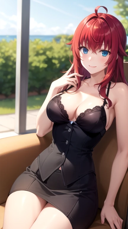 mejor calidad, Obra maestra, detallado,
riasgremory,
1 chica, boca cerrada, sonrisa, rubor,
cabello rojo, pelo largo, blue eyes, ahogo,
, camisa de rayas, cinta para el cuello, lazo negro, black corset, falda morada, pechos enormes,
de pie, mirando al espectador,
adentro, Castillo