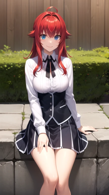 mejor calidad, Obra maestra, detallado,
riasgremory,
1 chica, boca cerrada, sonrisa, rubor,
cabello rojo, pelo largo, blue eyes, ahogo,
, camisa de rayas, cinta para el cuello, lazo negro, black corset, falda morada, pechos enormes,
de pie, mirando al espectador,
adentro, Castillo