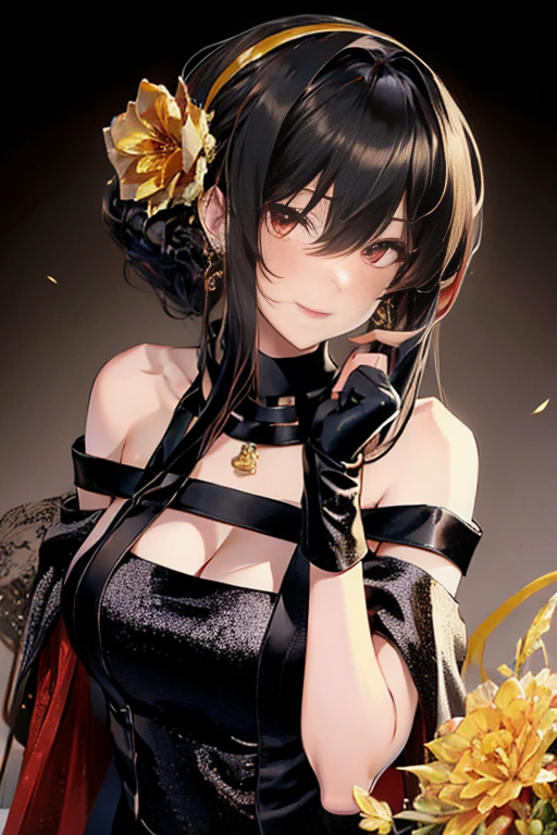 yor briar, anime style beutiful woman, 1girl, happy, smile, red face, closed mouth, beautiful detailed eyes, super detailed skin, backlighting, bare shoulders, black background, black dress, black gloves, black hair, breasts, dress, earrings, fingerless gloves, floating hair, floral print, flower, gloves, gold earrings, gold hairband, hair flower, hair ornament, hairband, holding, holding weapon, jewelry, large breasts, long hair, looking at viewer, off-shoulder dress, off shoulder,red eyes, short hair with long locks, sidelocks, solo, spikes, thighs, two-sided dress, two-sided fabric, weapon, fighting stance , face, close up, from above, highest quality, high resolution.
