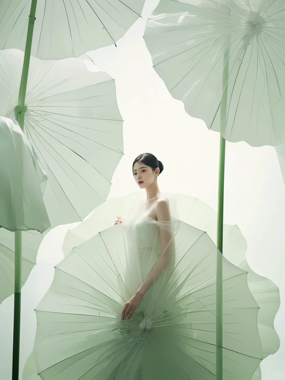 A woman in a white dress stood there，Surrounded by big umbrellas, Fine Art Fashion Photography, by Mei Qing, By Fei Danxu, by Yu Zhiding, jingna zhang, Tim Walker, author Tan Ting-pho, in style of Tim Walker, author：Kojima Ayami, inspired By Fei Danxu, by Xia Yong, by Cheng Jiasui