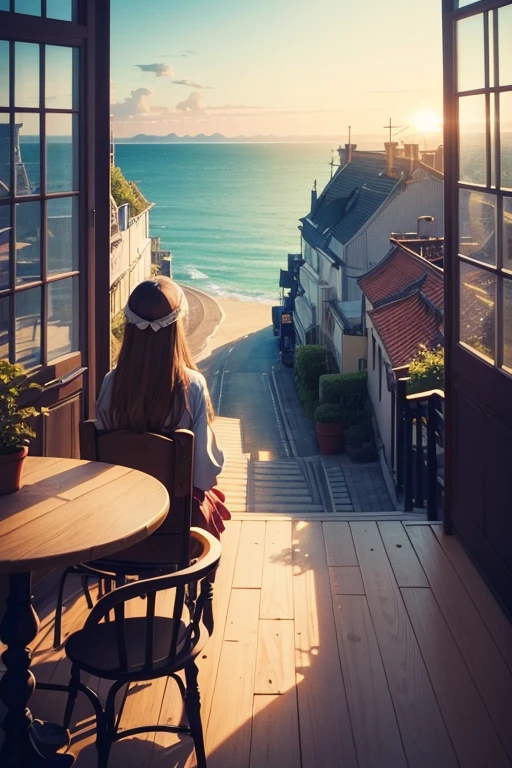 Back view of beautiful long-haired European girl、Enjoy a cup of coffee on the café terrace，At the same time, enjoy the beautiful sunrise over the sea.1 cup， A person supports his body with his elbows，Looking at the back of the sea，Dream, Please put on your headphones, Analog color theme, Lo-fi hip-hop , review, flat, 2.5D ,Draw a line, Ink Painting, Osaka Road, watercolor painting, Gouache, Studio Ghibli style, colorful, Otterton, Krautlock, Loffiato,Old Texture, amplitude,Psychedelic atmosphere, masterpiece, Miracle Technology，Darken the room，Beautiful romantic morning at the seaside