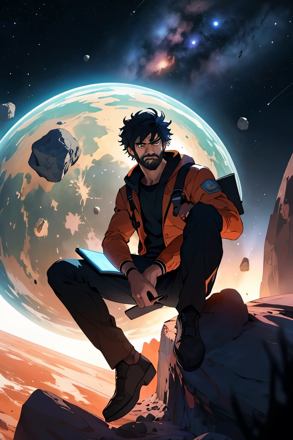 Draw a young programmer, sitting on a research platform floating in the middle of an asteroid belt. He is studying with a notebook, surrounded by several asteroids glowing with fiery auras. Dramatic lighting from distant stars and planets illuminates the scene, casting deep shadows on the suit. The young man looks confident and determined, looking at the vast and mysterious universe with wonder and respect,facial hair, cowboy shot,