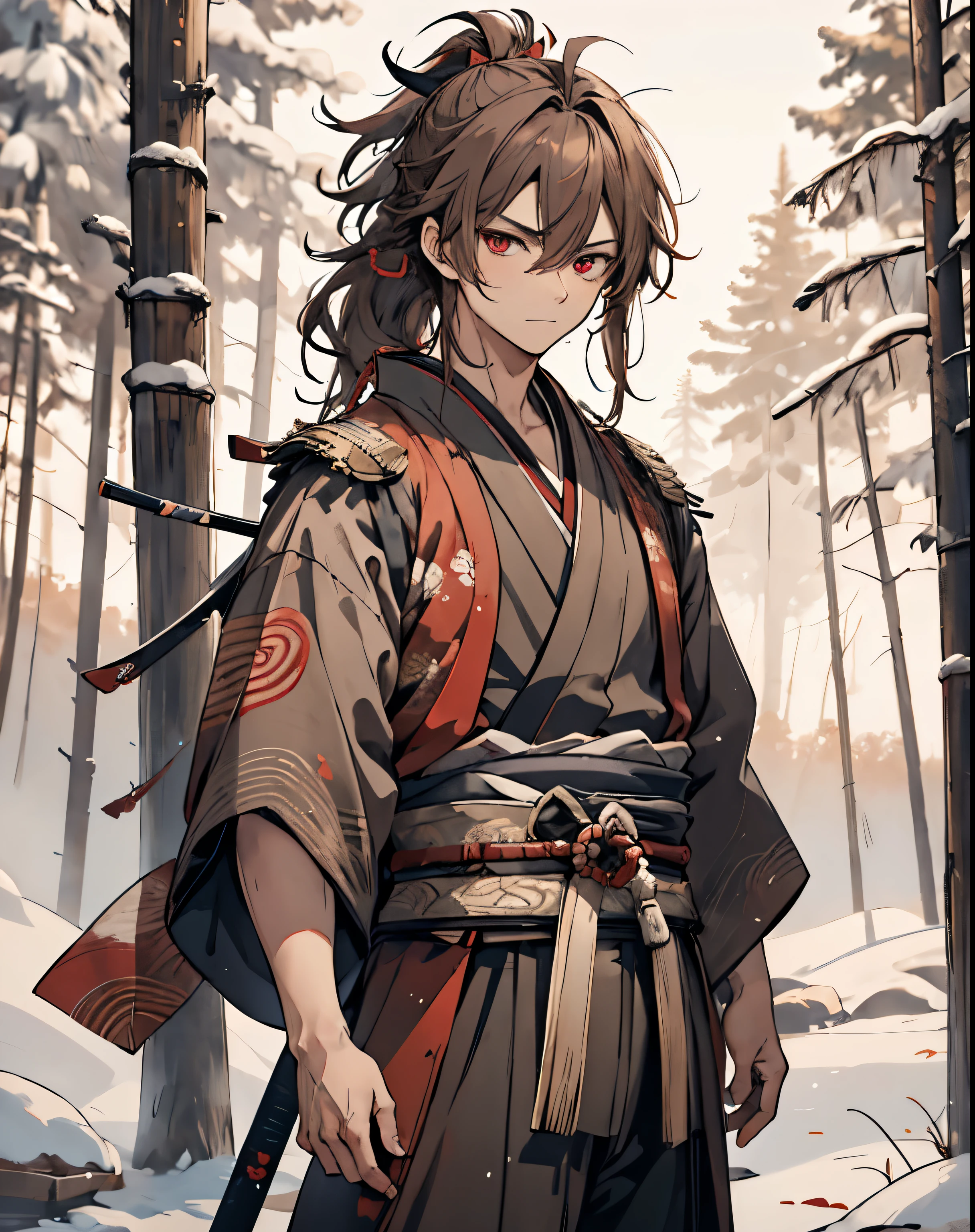 masterpiece, 1men, sparrow, a brown haired men, wearing red samurai kimono, curly medium hair, messy hair, slim body, wearing haori, he close her left eye, shirt ornament, serious expression, red eyes, stand at snowy forest, ahoge, grey haori, beautiful eyes, samurai, low ponytail