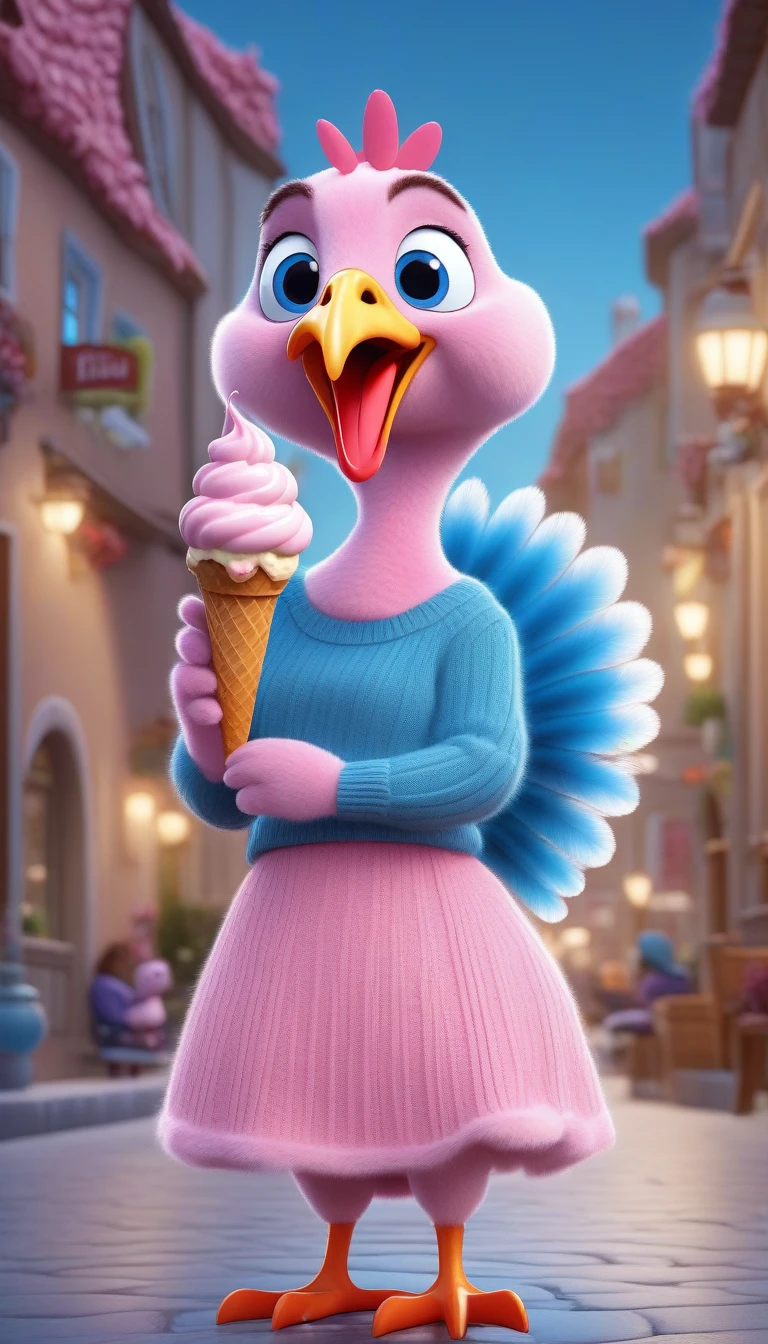 brand, creative poster, Cute turkey wearing blue sweater and pink skirt, pixar ice cream, 3D Rendering, Focus, Surrealism, Fluffy, fantasy engine, 5 quality rendering, 3 Rendering, Furry art,