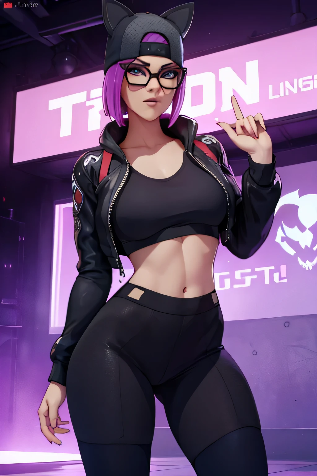 Traje de lino Cyberpunk, gorra, shorts negro con leggins Azul Marino, chaqueta Negra,Extremadamente detallado, rostro detallado, gafas ,hermoso rostro, ojos finos, mirando al espectador, pose femenino, Noche