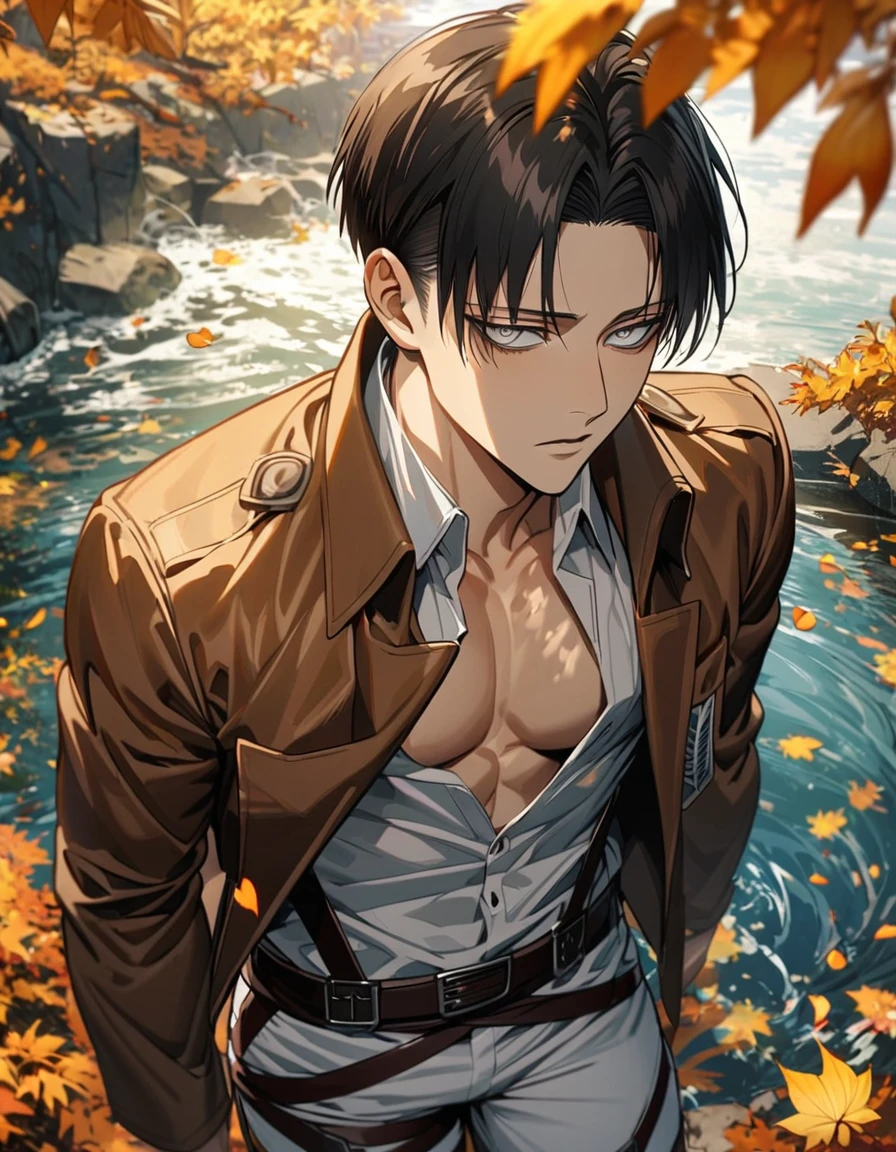 Ultra detailed, Highres, absurdres, Levi Ackerman, black hair, silver eyes, white shirt, Shingeki No Kyojin, autumn, petals, orange and yellow leaves, water, extremely handsome, sexy man, toned chest, solo, very detailed eyes and face, white pants, brown jacket,