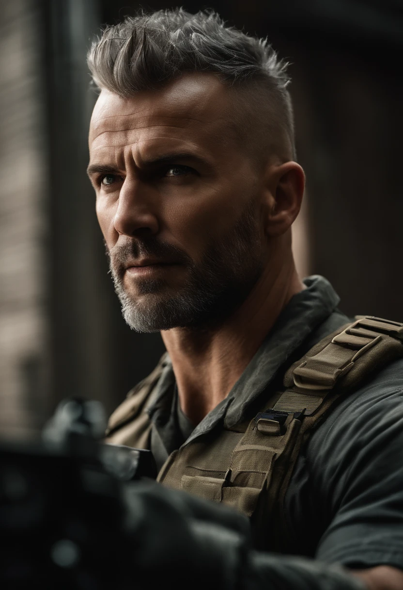 An image of SGT Johnny 'soap' MacTavish leading a simulated urban warfare exercise, Maneuvering through the urban environment with his team.,call of duty: modern war series,SGT Johnny "soap" MacTavish is famously played by Neil Ellice., With blue eyes., Short Mohawk style haircut (Widow's Hair), and has a short beard. His jaw was set., and his ears are a bit smaller than the average human man. , man