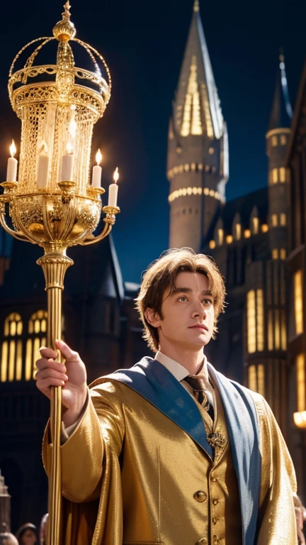 Blue-skinned Harry Potter, muscular body, naked upper body, golden ornaments, flashy costumes, Hogwarts in background, golden king, Harry Potter the emperor of gold, depicted in center, crowd in background, golden effects, golden magic, high quality,Harry Potter with golden skin, muscular body, naked upper body, nothing on upper body, golden ornaments, fancy clothes, Hogwarts in background, golden king, Harry Potter the emperor of gold, depicted in center, crowd in background, golden effects, golden magic, high quality, adoring Dumbledore, adoring Lord Voldemort,