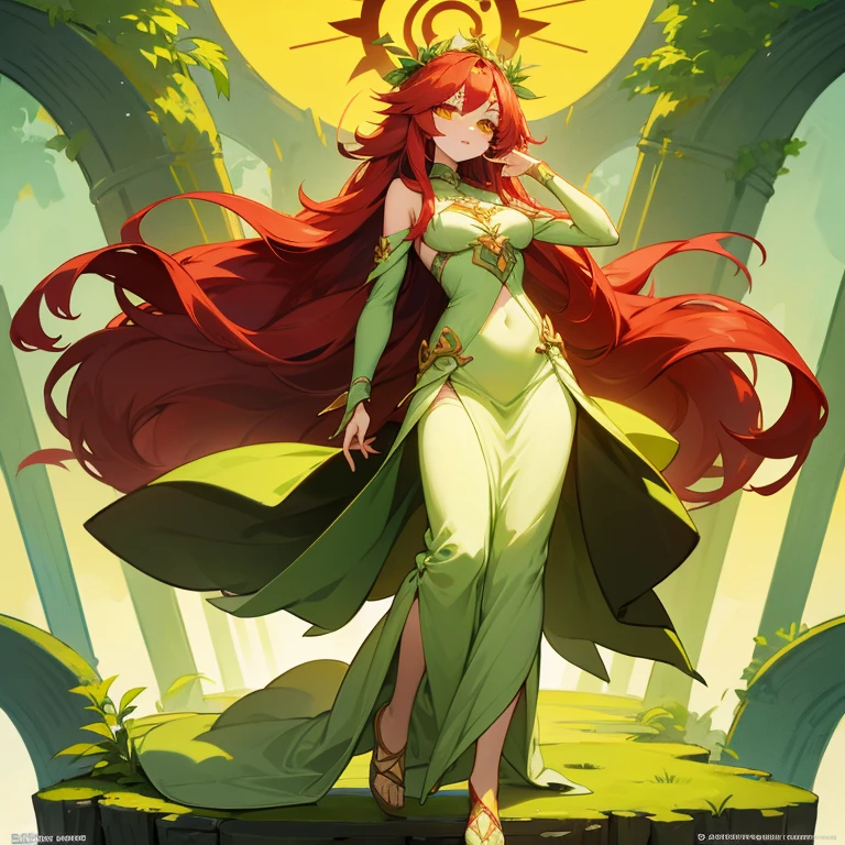 Create a picture of a plant goddess with long red hair and yellow eyes full body anime version and very cute