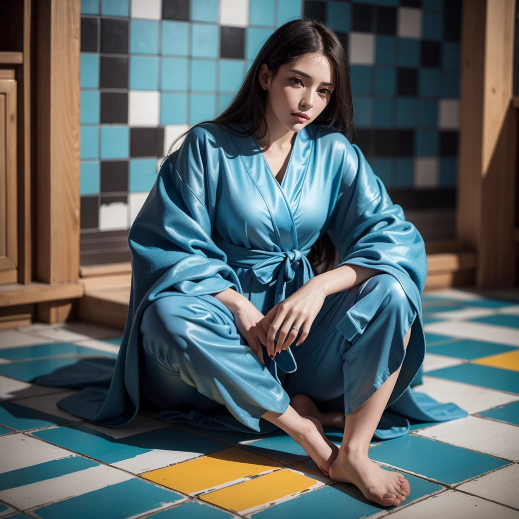 painting of a woman in a blue dress, sitting on a tiled floor, francine van hove, blue robe, inspired by Frédéric Bazille, wearing blue robe, wearing a blue robe, full body portrait painting, inspired by Picasso inspired by Monet inspired by WLOP, prize winning artwork