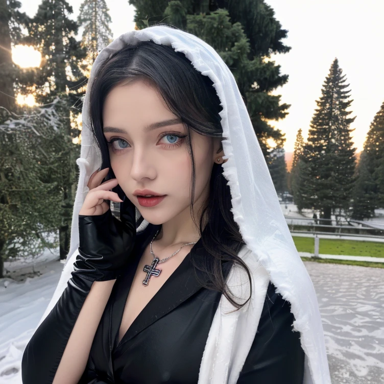 1 miniature Beautiful beautiful woman - Yuan Sayuki, ((top quality, 8K, Masterpiece:1.retty woman, 1 woman, huge breasts:1.3, a slim body:1.1, lush white short hair, (shower, wet body, wet clothes:1.1), very detailed face, detailed lips, detailed eyes, double eyelids, Detailed blue eyes, чрезвычайно Detailed Outstanding Blue Eyes, short white wet hair, white wet hair, Detailed Outstanding Blue Eyes, innocent look at the viewer, ,very wet wavy white hair, Detailed Outstanding Blue Eyes, huge cross earrings, Outdoors, badges behind, gothic wedding uniform, sexy gothic style wedding dress with veil, bare chest, huge chest tattoo wearing a wreath, detailed huge catholic cross earrings, chest tattoo, Outside - there are trees and a buddhist temple in the background (mountain vicinity), wear a silver cross (Detailed cross shape), reality mode, wet breasts, black necklace, black wedding dress and black veil, human crowd behind, head/forehead chain veil, black latex gloves, naked breasts, naked breasts, naked nipples, hair of white snowy colour, night time, red neon lights, demonic nun, nimbus (golden lighting ring above her head), angel, snowy weather, detailed and flawless buddhist temple behind