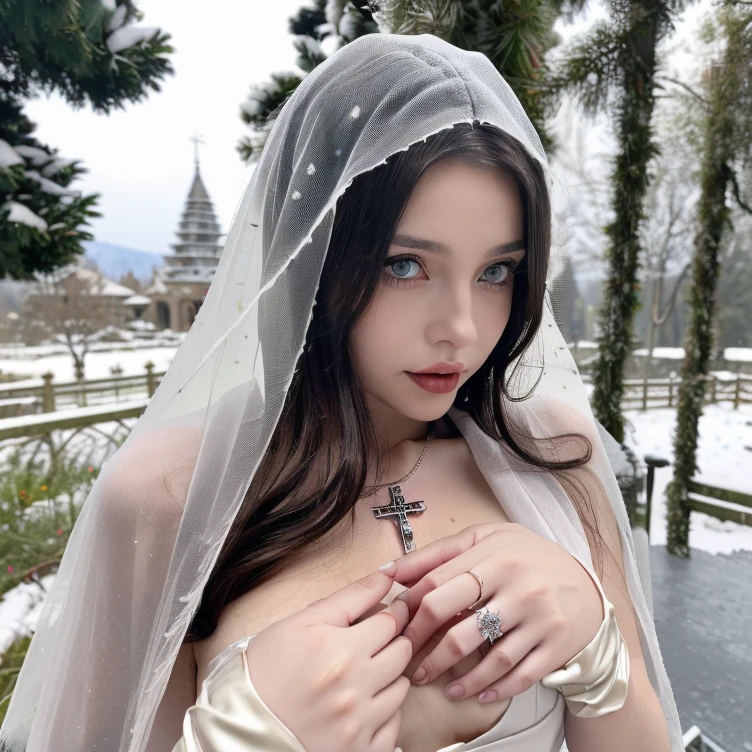 1 miniature Beautiful beautiful woman - Yuan Sayuki, ((top quality, 8K, Masterpiece:1.retty woman, 1 woman, huge breasts:1.3, a slim body:1.1, lush white short hair, (shower, wet body, wet clothes:1.1), very detailed face, detailed lips, detailed eyes, double eyelids, Detailed blue eyes, чрезвычайно Detailed Outstanding Blue Eyes, short white wet hair, white wet hair, Detailed Outstanding Blue Eyes, innocent look at the viewer, ,very wet wavy white hair, Detailed Outstanding Blue Eyes, huge cross earrings, Outdoors, badges behind, gothic wedding uniform, sexy gothic style wedding dress with veil, bare chest, huge chest tattoo wearing a wreath, detailed huge catholic cross earrings, chest tattoo, Outside - there are trees and a buddhist temple in the background (mountain vicinity), wear a silver cross (Detailed cross shape), reality mode, wet breasts, black necklace, black wedding dress and black veil, human crowd behind, head/forehead chain veil, black latex gloves, naked breasts, naked breasts, naked nipples, hair of white snowy colour, night time, red neon lights, demonic nun, nimbus (golden lighting ring above her head), angel, snowy weather, detailed and flawless buddhist temple behind