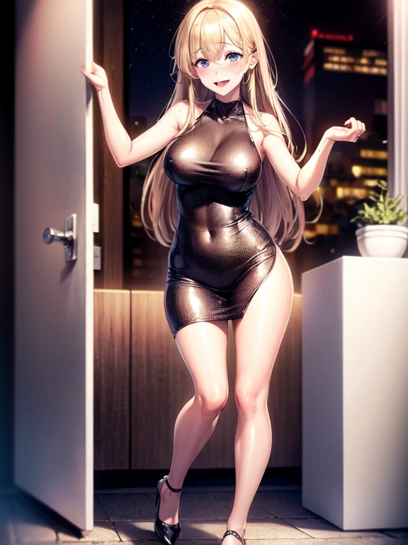 ((highest quality)), ((masterpiece)), ((Perfect Face))、((full body shot))、Blonde、straight、Long Hair、orgasm、Flushed face、Sweaty all over、Ahegao、Party Dresses、Standing posture