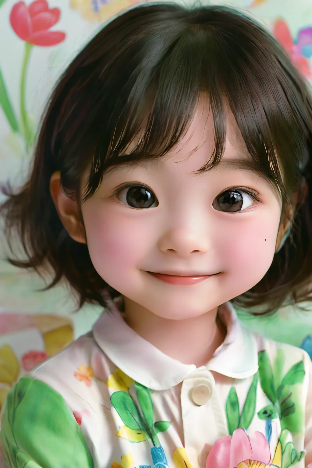 The following scenes will be expressed using chibi girl dolls.（Photoreal、A girl is drawing pictures of tulip flowers and butterflies on the wall with crayons.、The picture is a &#39;s doodle, but it&#39;s very colorful.、smile）