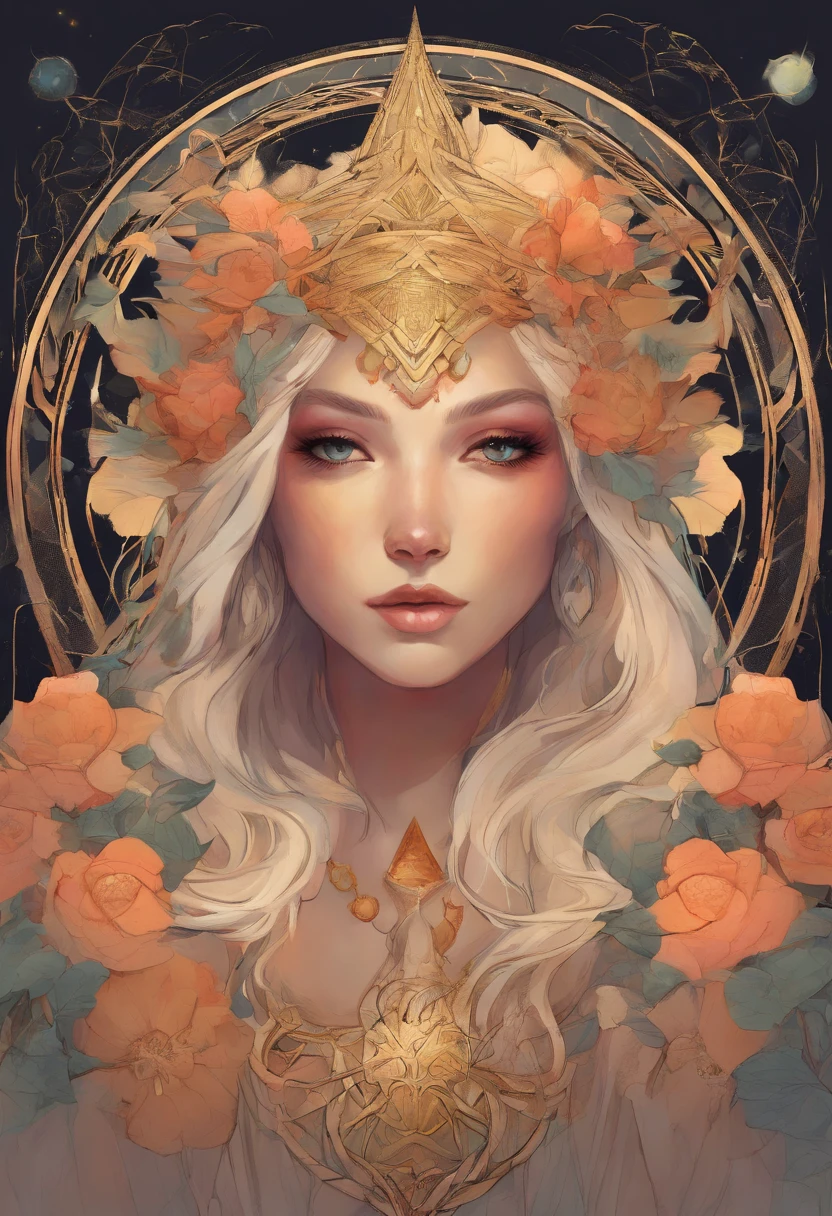triad,tarot card, chiaroscuro technique on sensual illustration of an queen of pentacle, vintage queen, earthy eerie, matte painting, by Hannah Dale, by Harumi Hironaka, extremely soft colors, hint of gold vibrant, highly detailed, digital artwork, high contrast, dramatic, refined, tonal, highest quality,anatomy correct,ultra-wide-angle,depth of fields. Holding the pentacles
