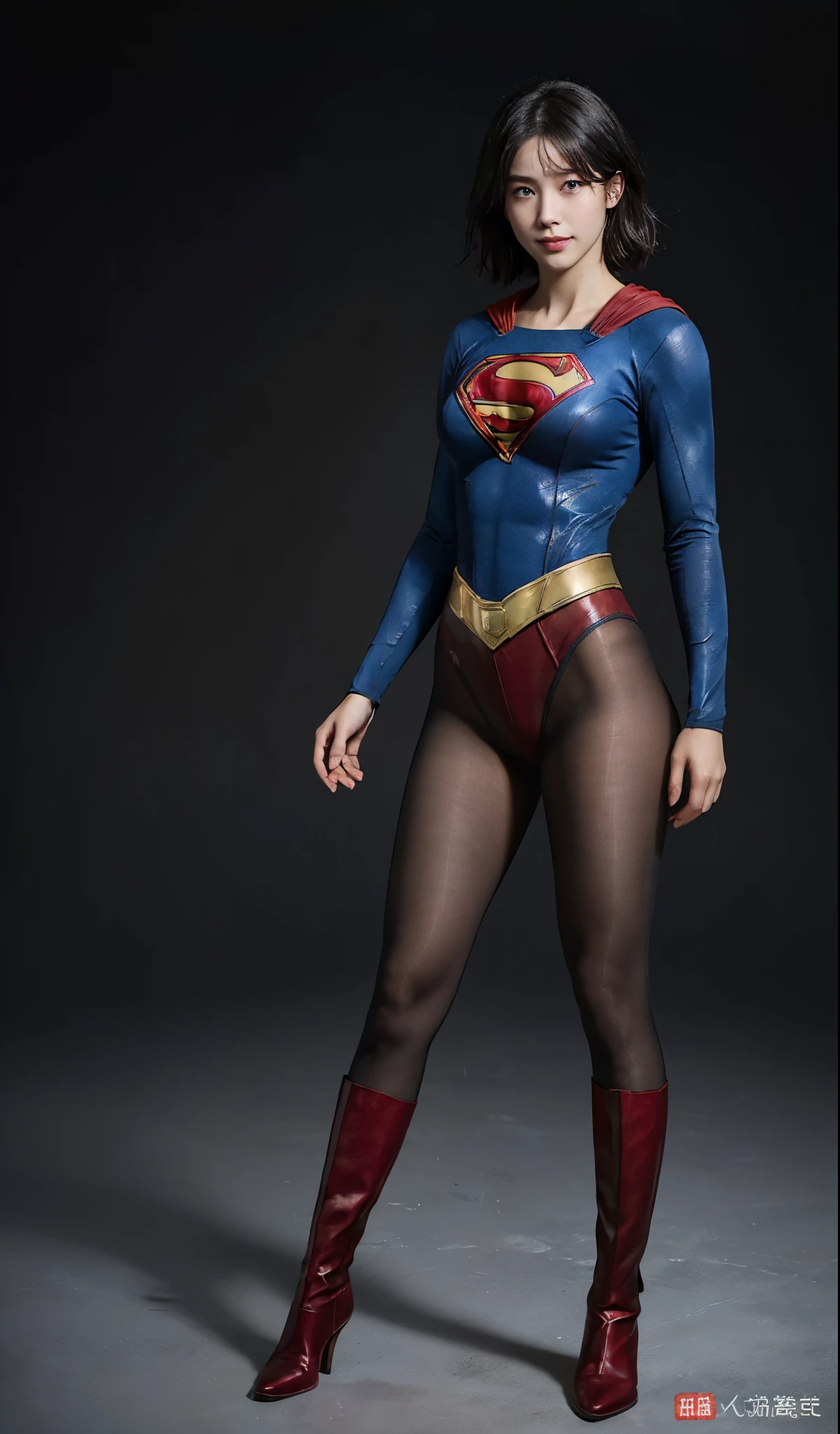 No background、(((Beautiful legs in black tights.)))、(((Legally express the beauty of your smile)))、((((Make the most of your original images)))、(((Supergirl Costume)))、(((beautiful short bob hair)))、(((suffering)))、(((Please wear black tights....、Wear red boots)))、((Best image quality、8K))、((highest quality、8K、masterpiece:1.3))、(((keep background )))、Sharp focus:1.2、Beautiful woman with perfect figure:1.4、Thin abdominal muscles:1.2、Wet body:1.5、Highly detailed face and skin texture、8K