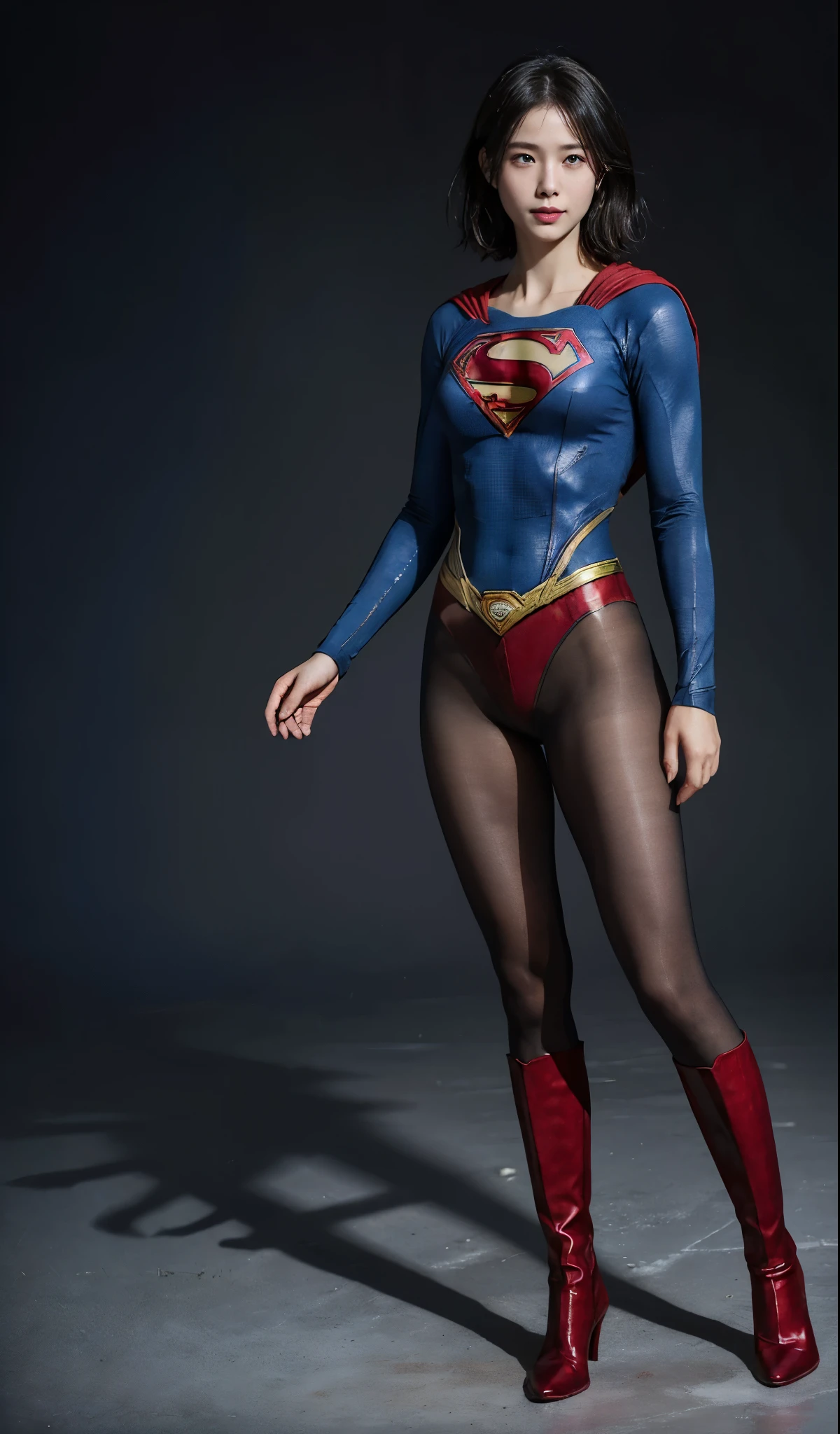 No background、(((Beautiful legs in black tights.)))、(((Legally express the beauty of your smile)))、((((Make the most of your original images)))、(((Supergirl Costume)))、(((beautiful short bob hair)))、(((suffering)))、(((Please wear black tights....、Wear red boots)))、((Best image quality、8K))、((highest quality、8K、masterpiece:1.3))、(((keep background )))、Sharp focus:1.2、Beautiful woman with perfect figure:1.4、Thin abdominal muscles:1.2、Wet body:1.5、Highly detailed face and skin texture、8K