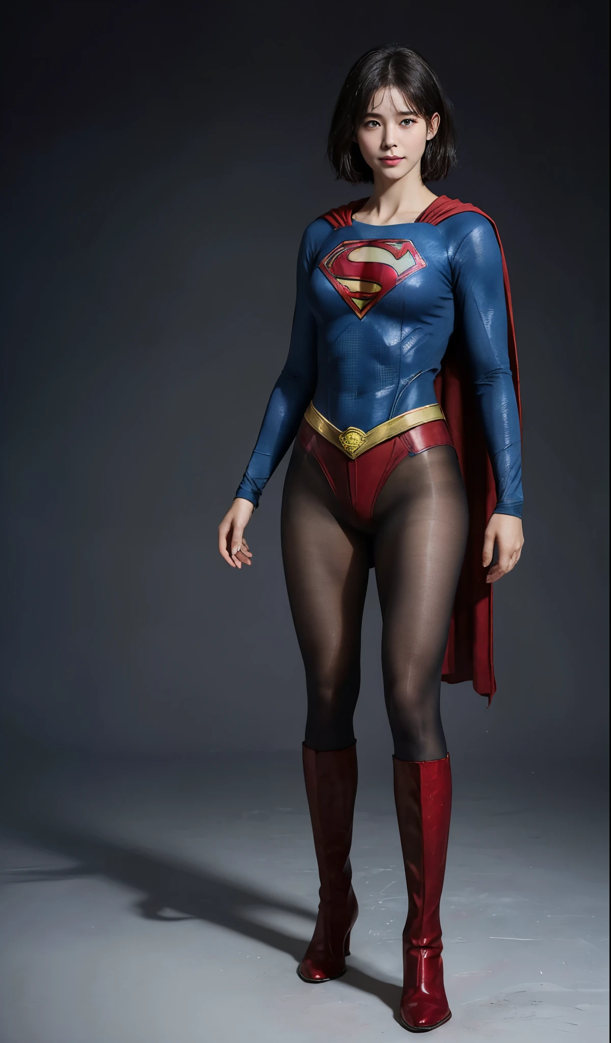No background、(((Beautiful legs in black tights.)))、(((Legally express the beauty of your smile)))、((((Make the most of your original images)))、(((Supergirl Costume)))、(((beautiful short bob hair)))、(((suffering)))、(((Please wear black tights....、Wear red boots)))、((Best image quality、8K))、((highest quality、8K、masterpiece:1.3))、(((keep background )))、Sharp focus:1.2、Beautiful woman with perfect figure:1.4、Thin abdominal muscles:1.2、Wet body:1.5、Highly detailed face and skin texture、8K