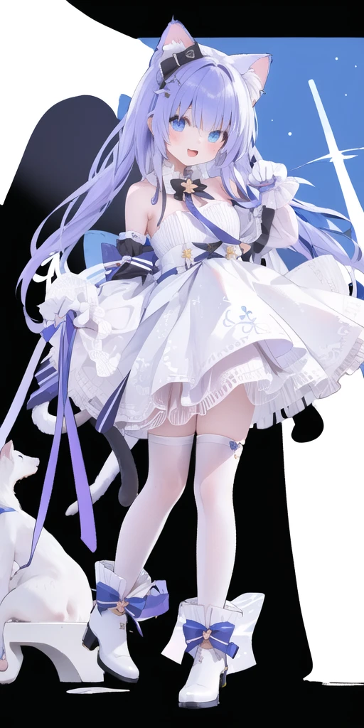 Cute Loli，Long hair，Purple Hair，Close one eye，Close one eye，Smile，Open your mouth，Piece logo，A cute look，cute gesture，Sing，big blue eyes，White Lolita，Pleated Skirt，Cat ears，Cat&#39;s Tail，nice gloves，Hair accessories，Bow，Leg ring，white boots，white boots,whole body，stage，one person,paw pose, (Cat's paw gloves:1.3)