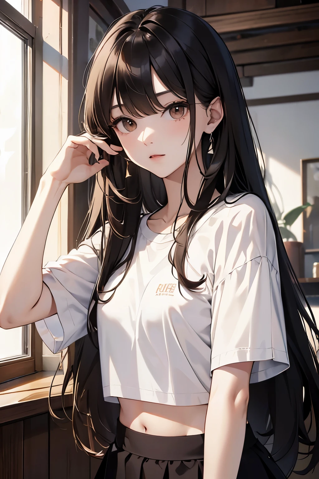 best quality, highres,Slender、Brown eyes、tall、Black Hair、(Long Hair:1.3),Straight Hair、7 life size、Belly button exposed、white short sleeve t-shirt、Black long skirt、squirt