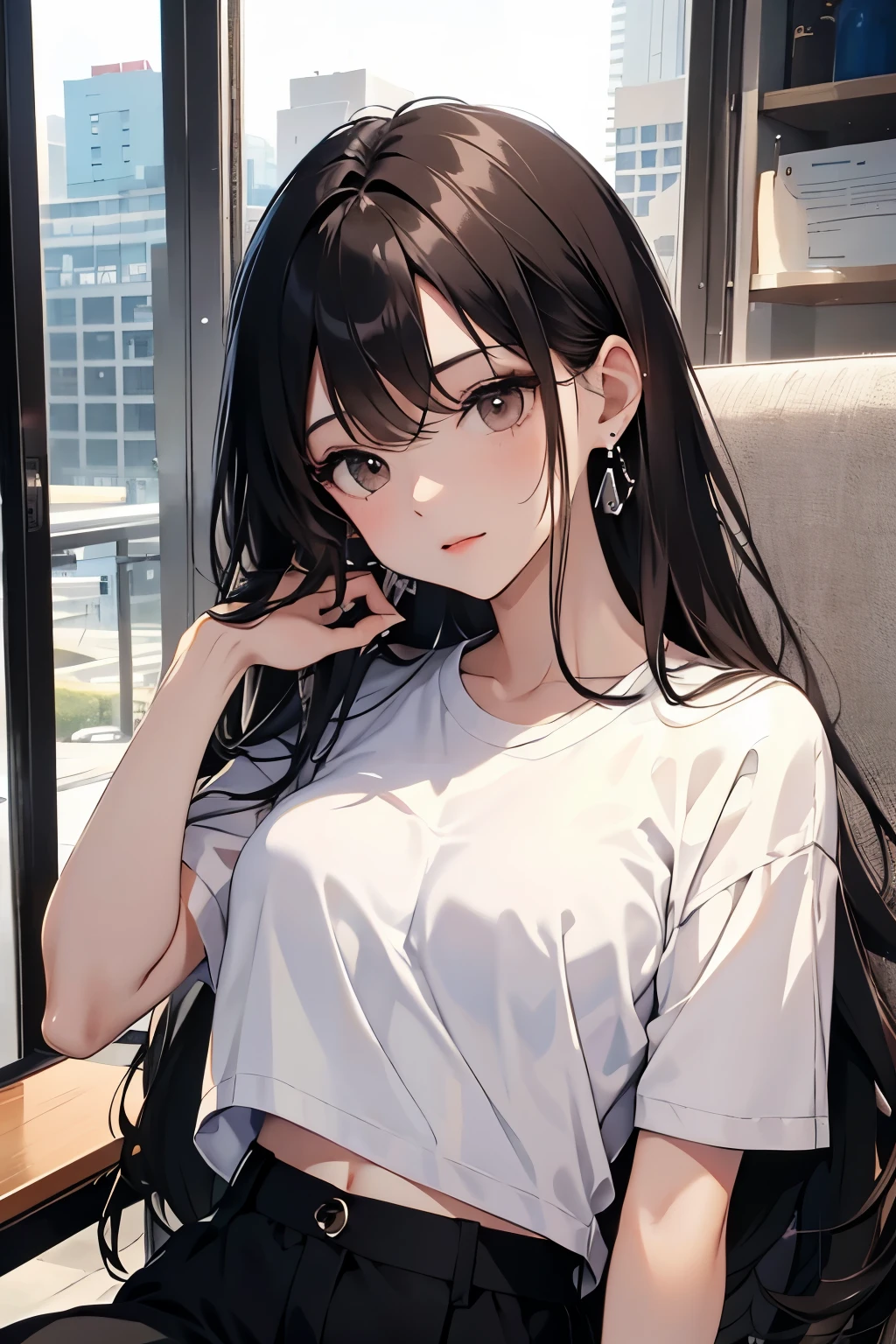 best quality, highres,Slender、Brown eyes、tall、Black Hair、(Long Hair:1.3),Straight Hair、7 life size、Belly button exposed、white short sleeve t-shirt、Black long skirt、Silver earrings、watch
