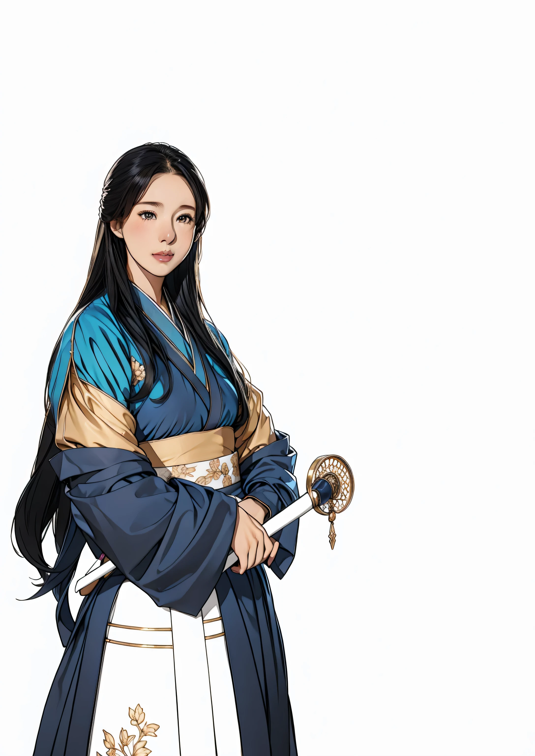 There is a painting,A lady sitting on a stool, Very detailed and beautiful fan art, Highly detailed character designs, Beautiful character painting, Detailed fan art, Inspired by Ai Xuan, A beautiful artistic illustration, Character posing in concept art, High quality color sketch, Digital anime illustration, Very detailed illustrations, Artwork in the style of Guweiz, palace , Girl wearing Hanfu