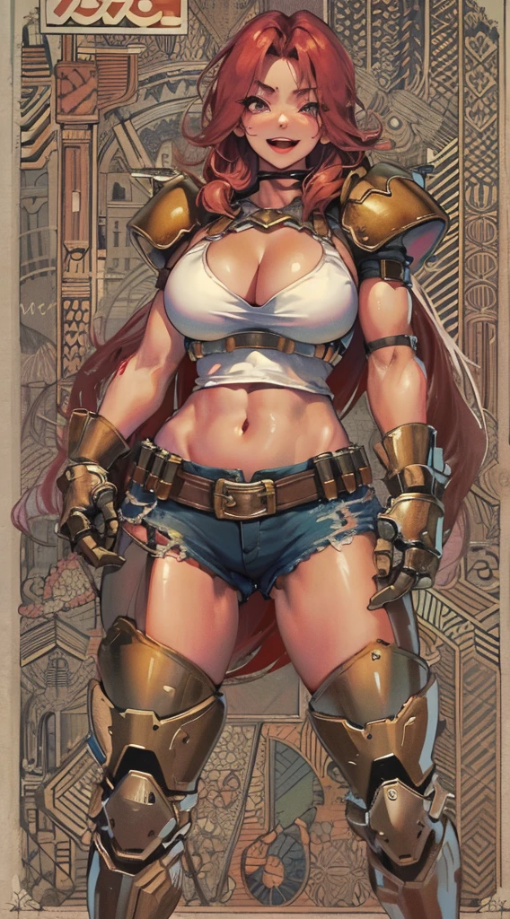 doom,Meaty thighs,Poster Style,Insgram,posture,shorts,western metal,Beautiful breasts、Huge breasts:1.4,Full breasts,Happy expression