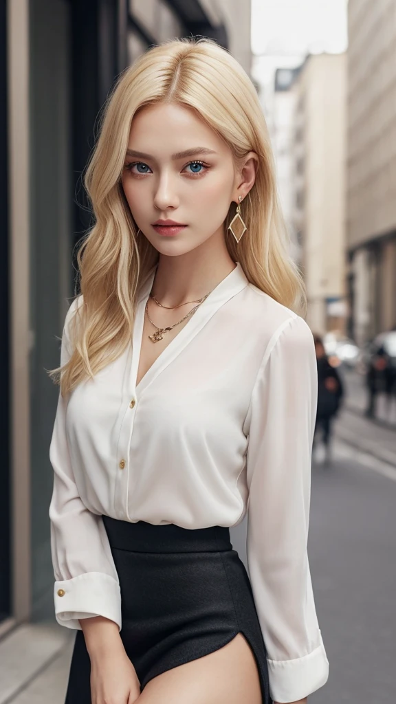 1 29 year old blonde woman with long hair posing for a picture, Beautiful blondeの女性, beautiful blonde woman, blonde and attractive features, Beautiful blonde, 8K Soft Portrait, Smooth blond woman, Beautiful female model, Blonde beautiful woman, (Blonde Swedish woman), long ブロンドの髪とAmber Eyes brillantes, Glossy blonde hair、Amber Eyes, ブロンドの髪とAmber Eyes, (Upper body photo), (White buttoned blouse and black wool tight skirt), A simple necklace and simple earrings