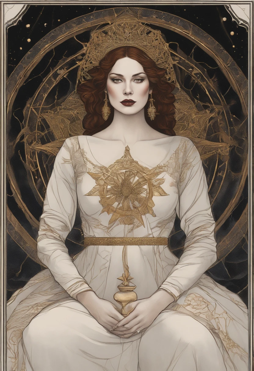 triad,Three queens, tarot card, chiaroscuro technique on sensual illustration of an queen of pentacle, vintage queen, earthy eerie, matte painting, by Hannah Dale, by Harumi Hironaka, extremely soft colors, hint of gold vibrant, highly detailed, digital artwork, high contrast, dramatic, refined, tonal, highest quality，anatomy correct，ultra-wide-angle，depth of fields. Holding the pentacles