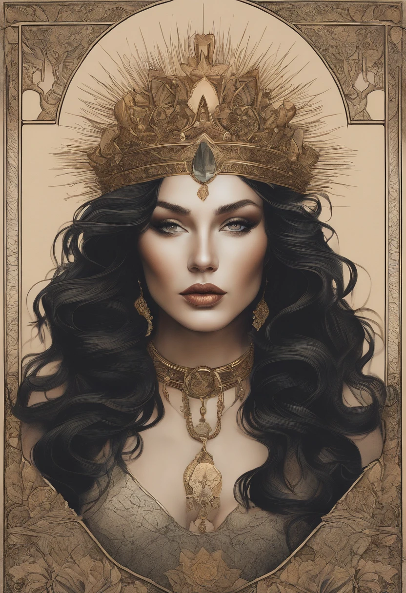 triad,Three queens, tarot card, chiaroscuro technique on sensual illustration of an queen of pentacle, vintage queen, earthy eerie, matte painting, by Hannah Dale, by Harumi Hironaka, extremely soft colors, hint of gold vibrant, highly detailed, digital artwork, high contrast, dramatic, refined, tonal, highest quality，anatomy correct，ultra-wide-angle，depth of fields. Holding the pentacles