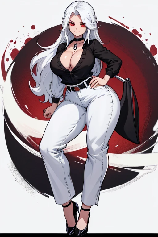 female, white long hair, red eyes, (((1girl))), (((black blouse))), (black choker), (white denim pants), (black belt), (black flats), huge breasts, huge butt, toned legs, gentle smile, full body, cleavage