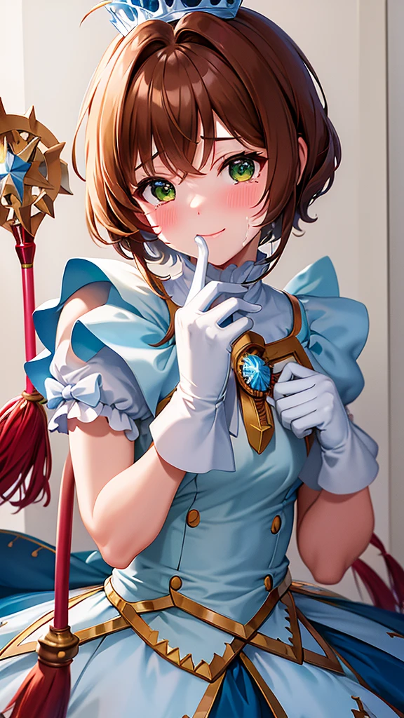 masterpiece, highest quality, High resolution, kinomoto sakura, One girl, brown hair, short hair, antenna hair, Ahoge, Crown, Green Eyes, White Dress, No sleeve, White gloves,Retention Staff, smile, Open your mouth, Cowboy Shot, blue sky,Cane,A lot of semen on the faceが垂れている、A lot of semen drips onto my face、Sobbing、Crying face、Sad look、Tears flow、A lot of semen on the face、Semen dripping from her mouth、Semen dripping from my mouth、Covered in semen all over the face、Semen dripping on hair、A lot of semen on the faceが垂れている、Facial、A large amount of semen is dripping on the face、Semen was splashed on my face、Semen is ejaculated forcefully from the man&#39;s penis and splashed on the girl&#39;s face