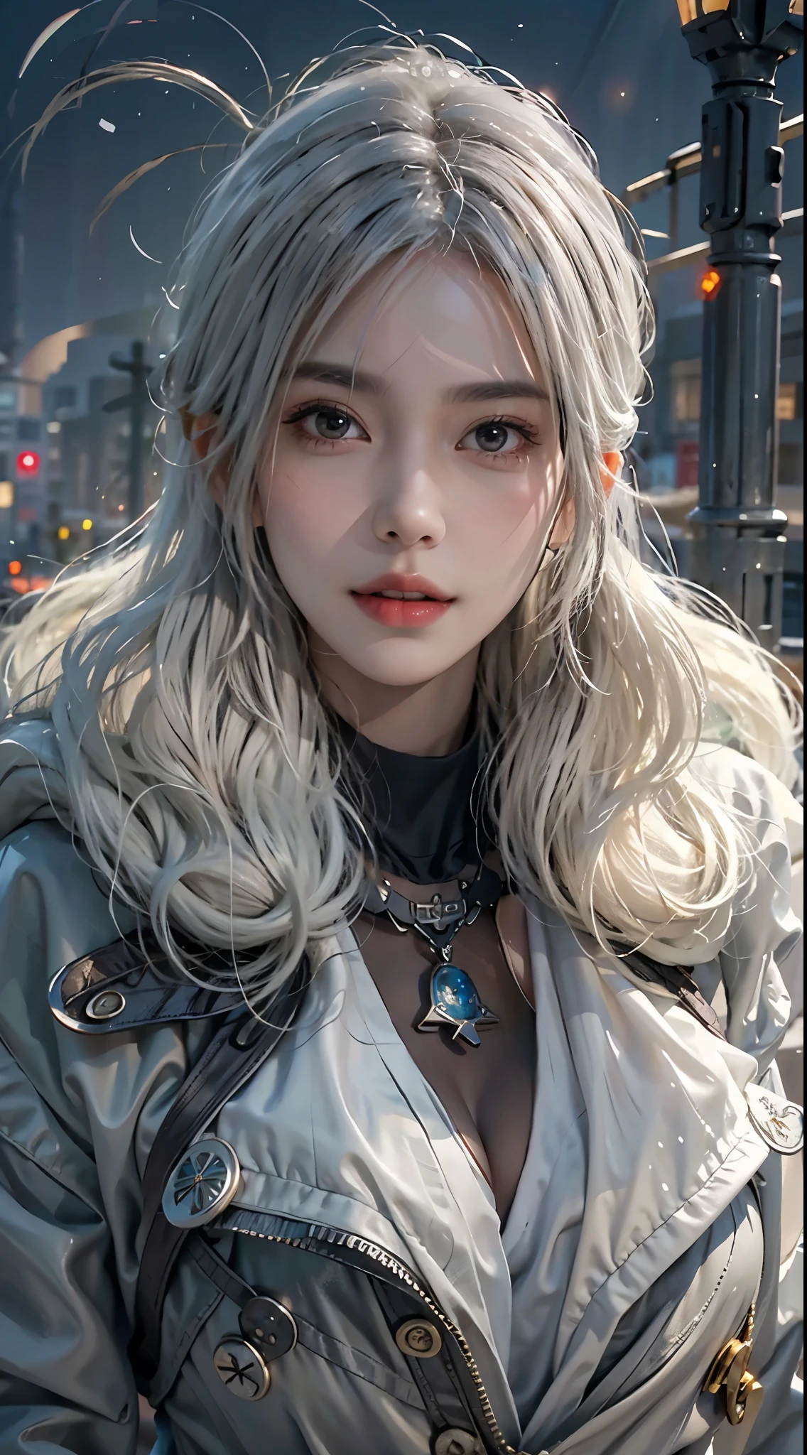 Reality, high resolution, Soft Light,1 female, Solitary, Hips up, Shiny skin, (Delicate face),Tattoo, jewelry, Winter Clothing, coat, snow, night, curls, Beautiful Soldier, catch the audience's eyes, lover's perspective, invitation expression, Sexy smile, Perfect style, Perfect balance, Delicate skin, naughty look, Visible chest