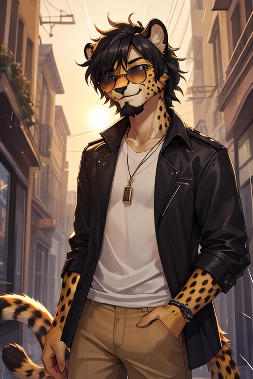 Cheetah, antro, male, solo, non-human, informal clothes, Rain, younger, 20 years old, taller, messy hair, cheetah face, slim body, cheetah tail, sun glasses, black hair, little smile, furry, beard,