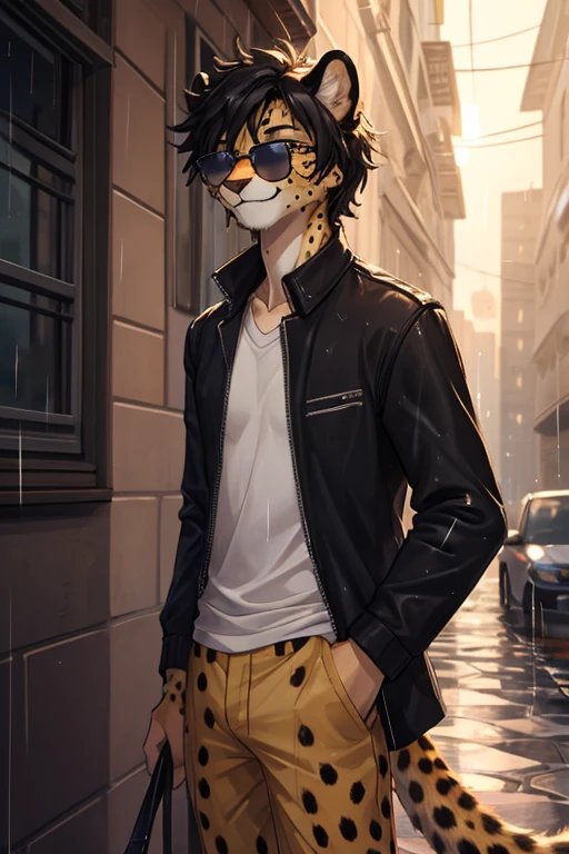 Cheetah, antro, male, solo, non-human, informal clothes, Rain, younger, 20 years old, taller, messy hair, cheetah face, slim body, cheetah tail, sun glasses, black hair, little smile, furry,