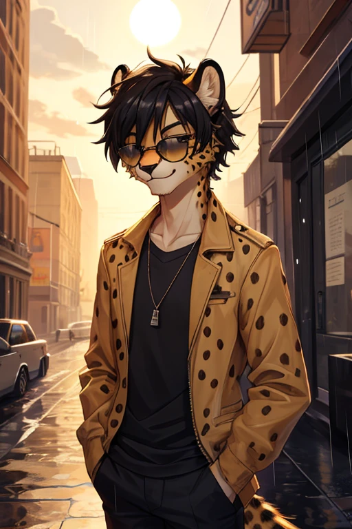 Cheetah, antro, male, solo, non-human, informal clothes, Rain, younger, 20 years old, taller, messy hair, cheetah face, slim body, cheetah tail, sun glasses, black hair, little smile, furry,