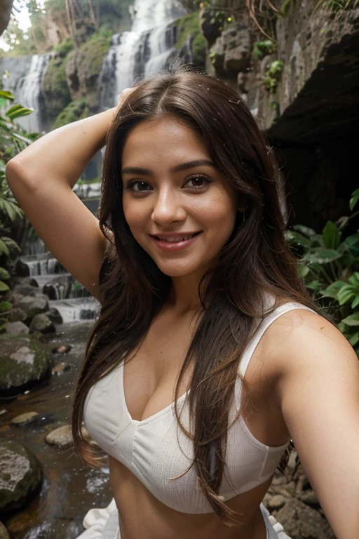 extreme close up photo of sexy indian, front view, curvy, swooping nued big breasts, deep cleavage, wet black transperent lace strapless dress, floating on river, waterfalls, birds, animals, elephant, French braid hair, necklace, subtle smile, seductive eyes, sultry