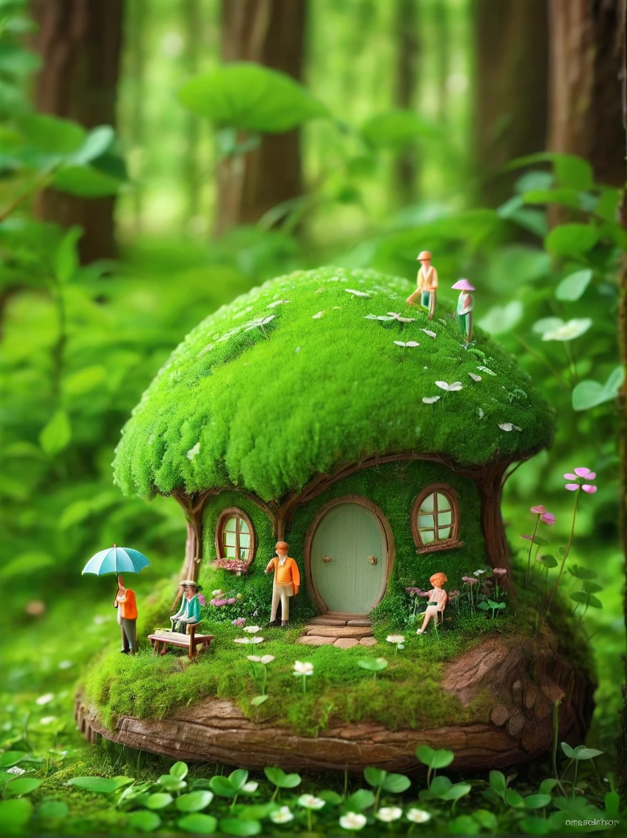 This is a miniature scene. In the middle of the picture is a clover. Some people are holding umbrellas next to the clover. Lush scenery, spring, rain, soft mist,high-definition natural light, tilt-shift photography, photographic work, octane render