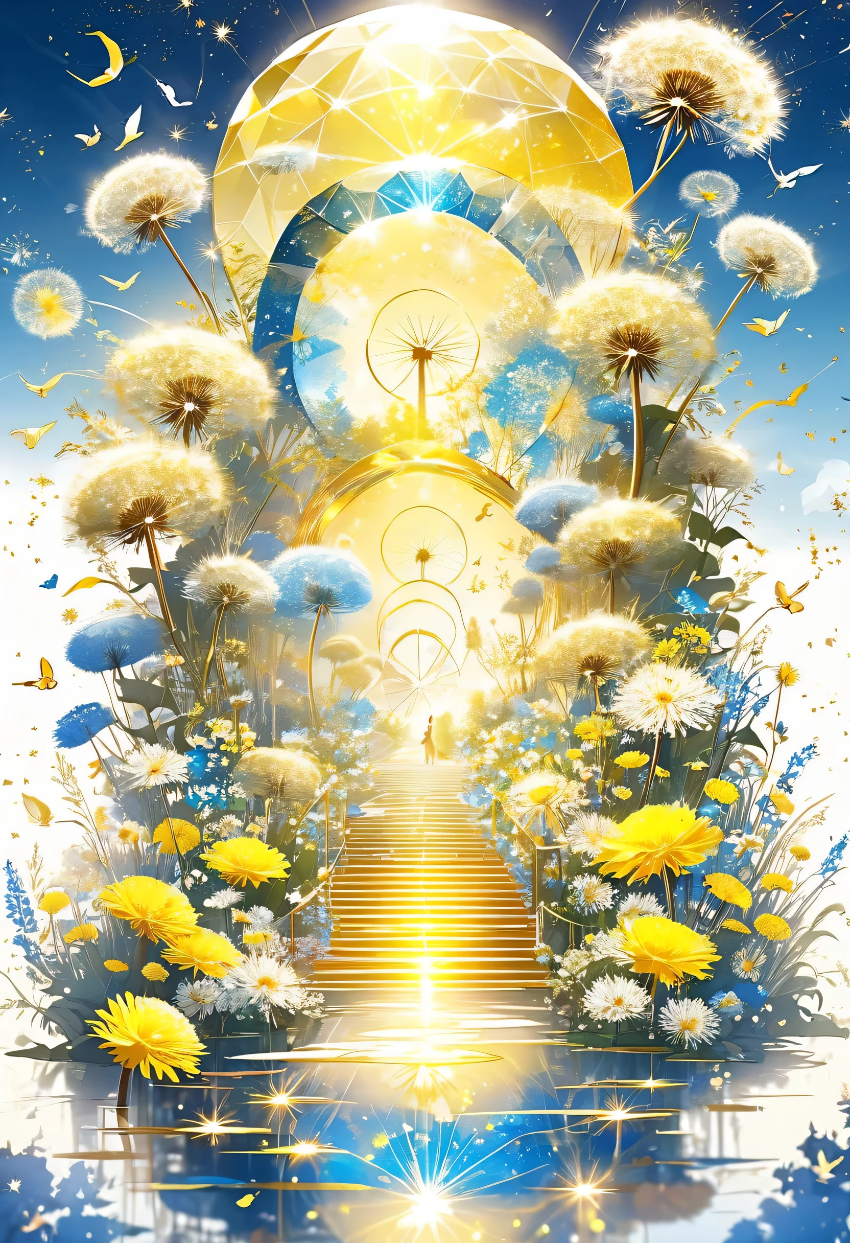 peep land、Awareness-raising、blue sky、Dandelion、Shiny yellow flower、shine、Dandelion fluff is also flying、Glitter Step Piece、highest quality、Precision drawing、Ultra high definition、A composition with depth、