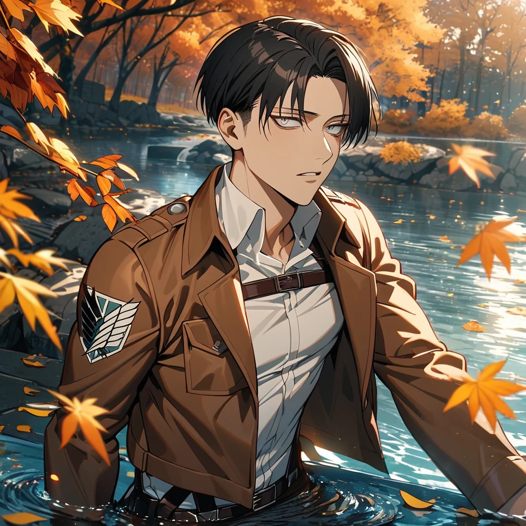 Ultra detailed, Highres, absurdres, Levi Ackerman, black hair, silver eyes, white shirt, Shingeki No Kyojin, autumn, petals, orange and yellow leaves, water, extremely handsome, sexy man, toned chest, solo, very detailed eyes and face, brown jacket,