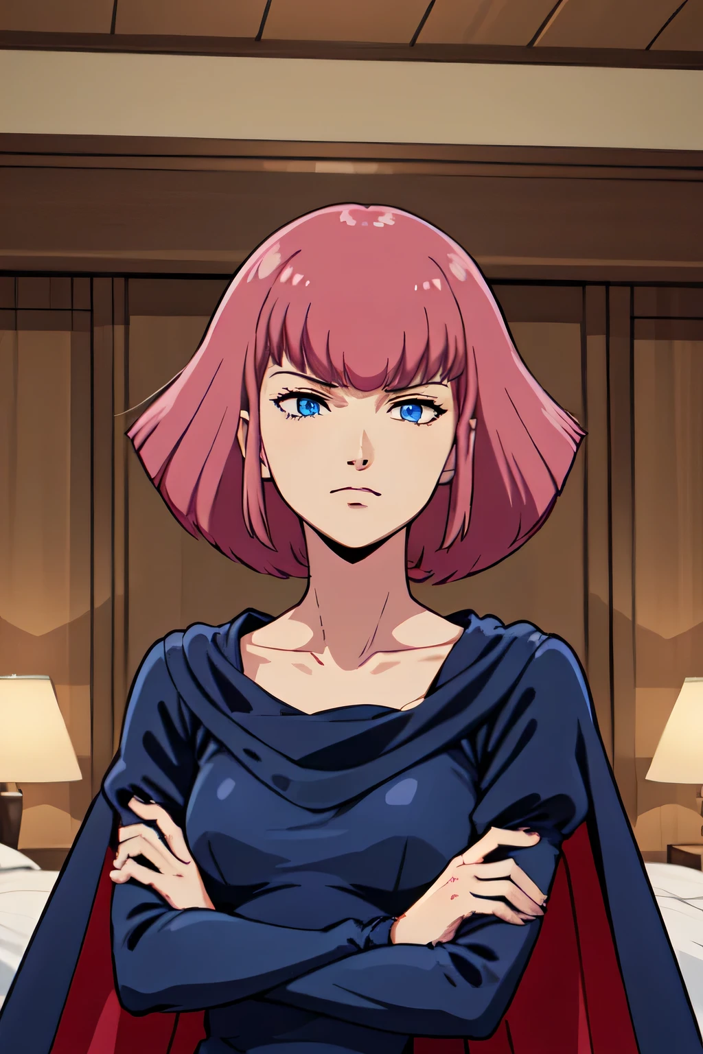 masterpiece, high quality, alone, look down, Low angle shot of Haman_Khan,1 Female, Shyness, Pink Hair, short hair, Side Lock, bangs, Eyebrow, blue eyes,
clavicle, Cape,Black Dress, Puff sleeves, Long sleeve, Juliet Sleeve,
Upper Body, Are standing, (Arms crossed:1.2), Stylish pose, Detailed Background, Luxury hotel room 