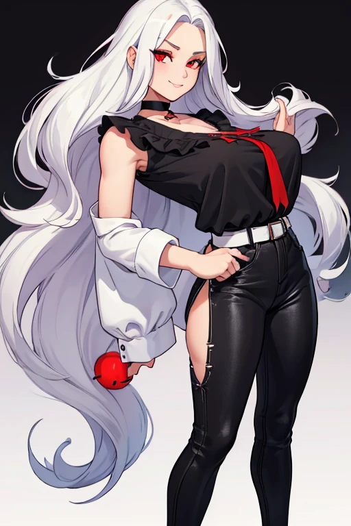 female, white long hair, red eyes, (((1girl))), (((black blouse))), (black choker), (white denim pants), (black belt), (black flats), huge breasts, huge butt, toned legs, gentle smile, full body, cleavage