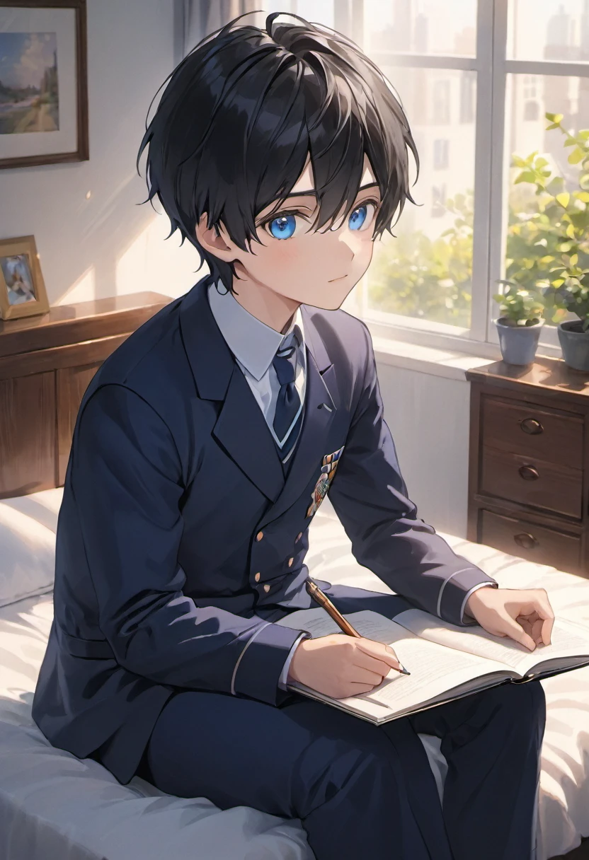 (best quality,4k,8k,highres,masterpiece:1.2),ultra-detailed,(realistic,photorealistic,photo-realistic:1.37),anime,boy with black hair,blue eyes,uniform,bedroom,sit and read,daytime, vivid colors,bokeh,lighting: soft natural light