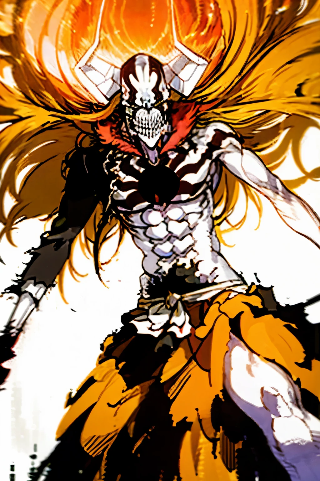 Ichigo Vasto Lorde, monstrous, long orange hair, standing upright staring towards the camera, radiating demonic power, monstrous, destructive, radiating a cool anger, sharp lines, detailed, rigid, detailed. well drawn face