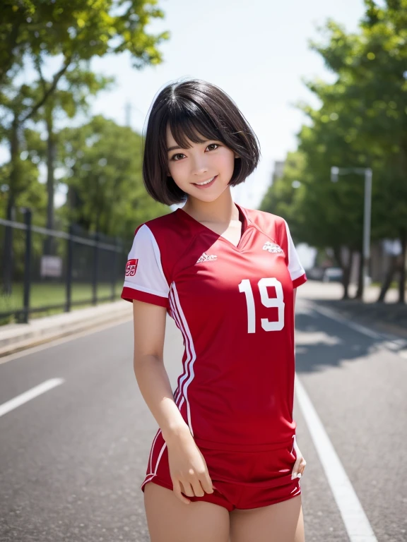 (8k, RAW Photos, Highest quality, masterpiece:1.2), (Realistic, photo-Realistic:1.4), (Highly detailed 8K wallpapers), ((Full Body Shot)), (1 girl), Sharp focus, Depth of written boundary, Cinematic lighting, Soft Light, 緻密な美しさのeye, eye_Chan, Very beautiful 17 year old girl, innocent big eyes, Realistic, photo Realistic, Highly detailed cute girl, (Thin thighs), (Model Body Type), 18-year-old, (((Red F1 Scuderia Ferrari polo shirt))), ((Micro Mini Pleated Skirt)), (((Fold your arms in front of your chest and act arrogantly))), ((A happy smile)), Parted lips, Watching the audience, (At the Imola Circuit) , (Brown Hair),(Short Bob Hair), (Asymmetrical bangs)