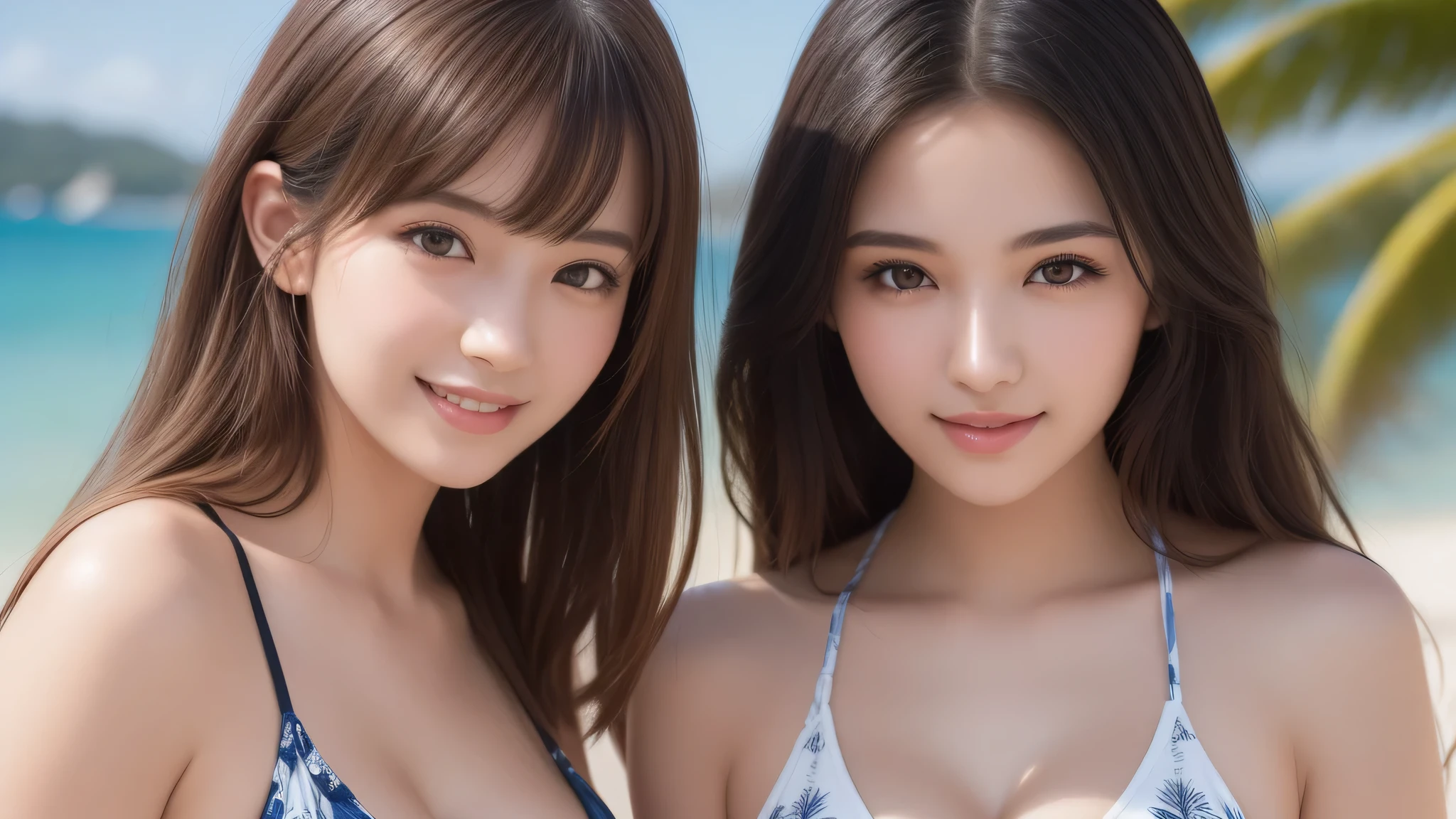 (2girl), (ultimate beautiful girl), (cute face), (smiling), cleavage, (Best Quality:1.4), (Ultra-detailed), (extremely detailed beautiful face:1.2), (highly detailed Beautiful face), (extremely detailed CG unified 8k wallpaper), High-definition raw color photos, Professional Photography, Extremely high resolution, fashionable, Highly detailed, bikini, beach, palm trees,