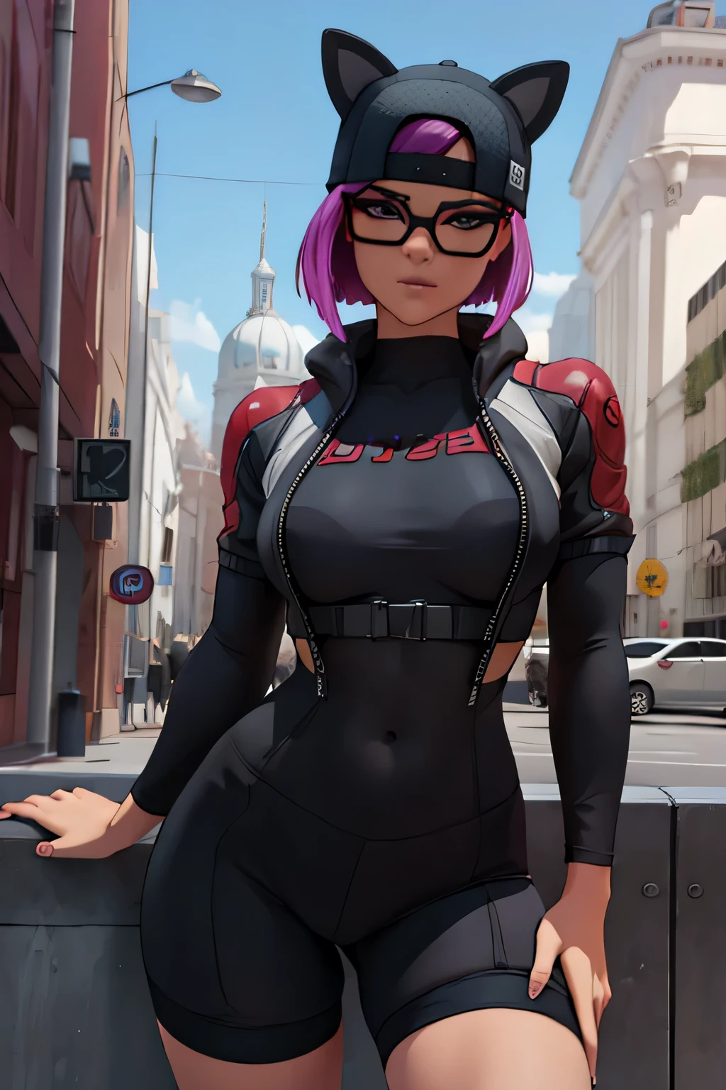 Traje de lince Cyberpunk, gorra, gargantilla con picos , shorts negro con leggins Azul Marino, chaqueta Negra,Extremadamente detallado, rostro detallado, gafas ,hermoso rostro, ojos finos, mirando al espectador, pose femenino, Noche 