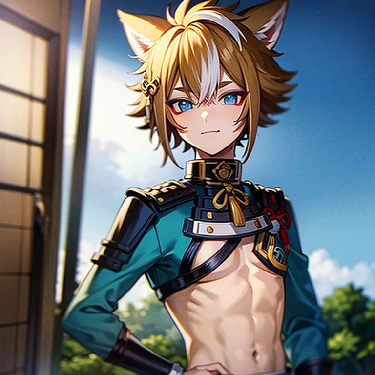 a drawing of a person with a cat ears and a shirt, tall anime guy with blue eyes, male anime character, fluffy chest, anime handsome man, hajime yatate, anime character, as an anime character, young anime man, anime man, anime boy, kazuma kaneko, furry chest, akiyuki shinbou, koda kazuma