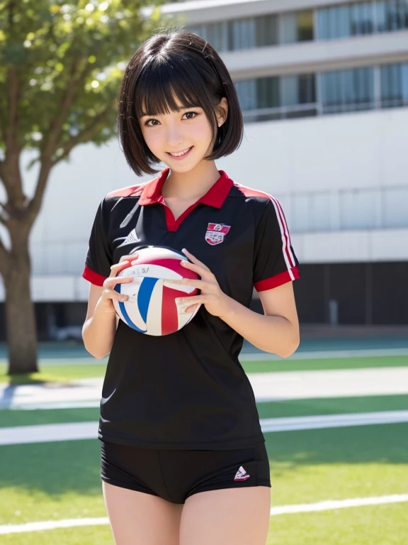 ((Whole body 1.4))((masterpiece)), ((best quality)), (ultra-detailed), ((kawaii)), cute, (lovely), realistic, real, full body, In town, daytime, a cute girl, 1girl, solo, beautiful black hair, beautiful black eyes, ((beautiful eyes)), short hair, ribon, smile,Volleyball player in red uniform,Small breasts,Are standing
