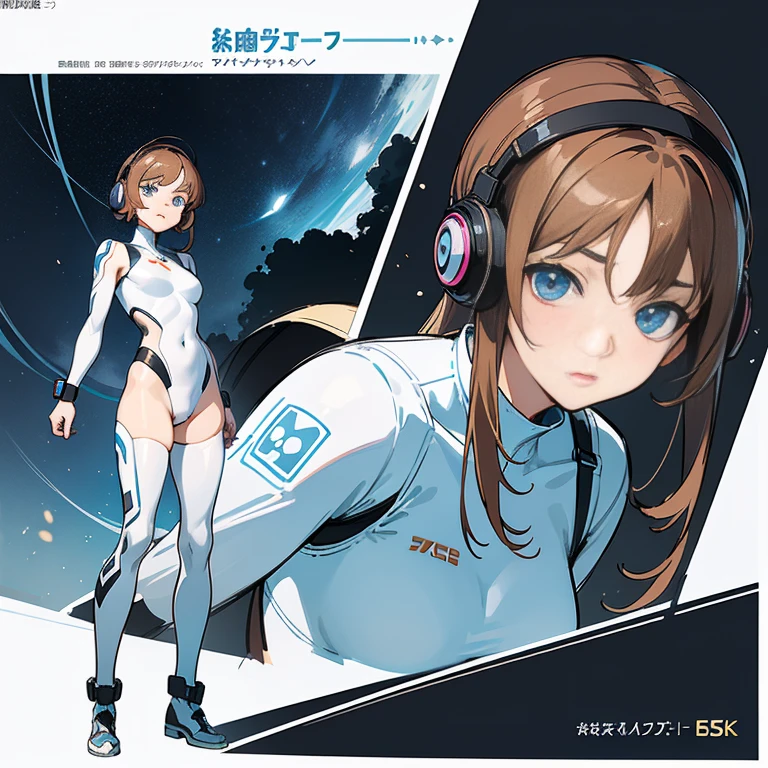 ((highest quality)), ((masterpiece)), ((Realistic)) 19 years old, Redhead girl, Shoulder-length hair, リラックスした幸せなface,(非常にdetailedな目), ((thin)) ,Rubber bodysuit, ( White one piece swimsuit ) ((sexy )) ,Slender figure,textured pixie haircut (((detailedなキャラクターシート, Front view, ~ side面図, 3/4 Views))) (((cyber punkの背景))) 6 and a half whole bodies,4K,UltraSharp,Multiple Views of the same character,Charterner v2, One girl, Slender figure, (Headphones),Brown Hair, Long Hair, blue eyes, Same clothes, Concept Art, detailed_face, line_sketch, plan, Official Art, Official Alternative Costumes, Design style, multi style, detailed character, 4_~ side, original, 8K GC, massive detailed, Multiple Views of the same character, character, technical illustration, Multiple Views,masterpiece,highest quality(masterpiece, highest quality), 32k,(非常にdetailedな美しい女性), Poster,SF,Bauhaus, shape, Abstract,movie Poster, Vintage,Retro,Future Anime,The ultimate map,highlight,Headphones,Very detailed glowing eyes,Cleavage,Complex patterns,stylish hairstyle,fluorescence((White clothes)),Starry Sky,cyber punk